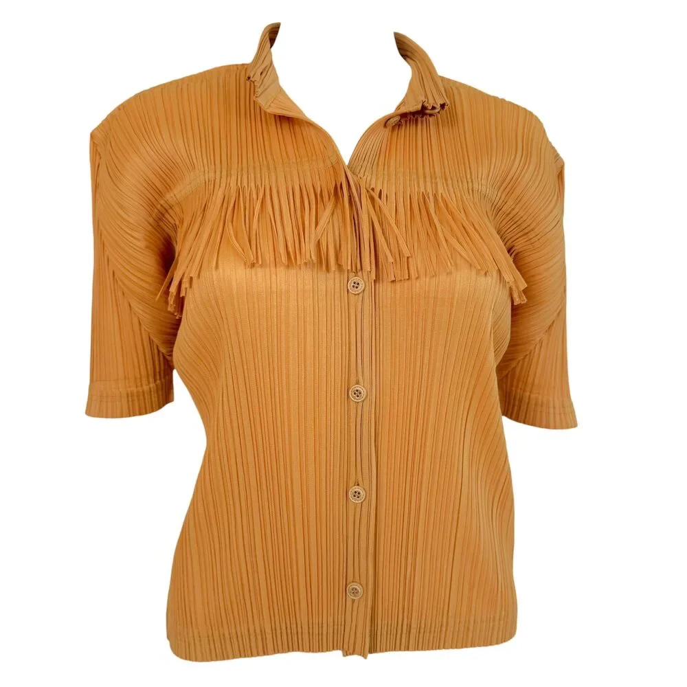 Issey Miyake Pleats Please Gold Fringe Short Sleeve Button Up Blouse Sz 3